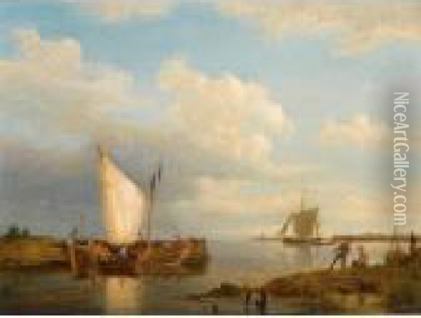 Sailing Ships In An Estuary Oil Painting - Pieter Cornelis Dommershuijzen