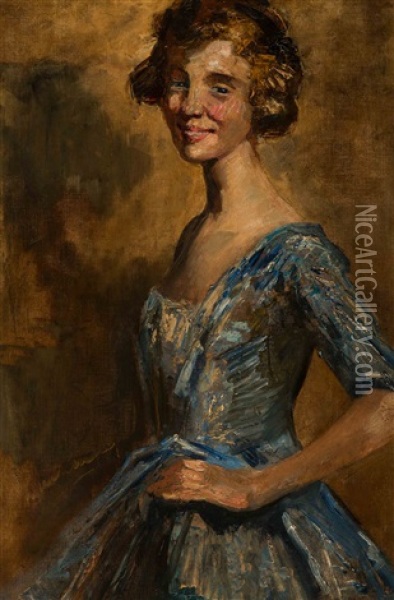 Portrait Of A Girl In A Blue Dress Oil Painting - Simon Maris