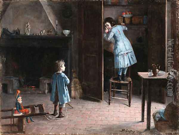 Children in an interior Oil Painting - Henri-Jules-Jean Geoffroy (Geo)