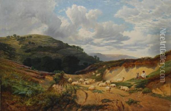 A Shepherd And Sheep In A Landscape Oil Painting - Alexander Snr Fraser