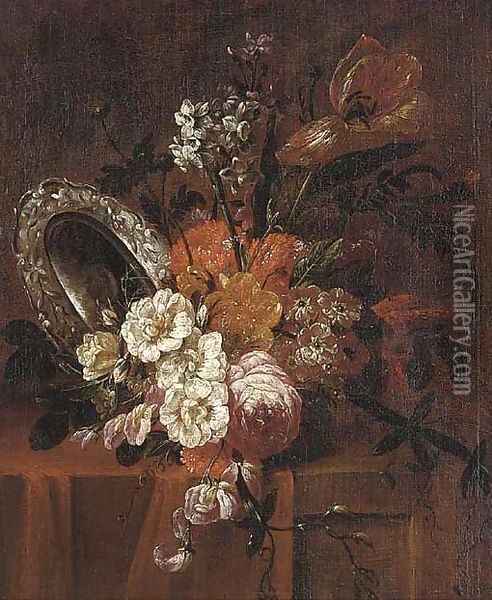 Roses, parrot tulips, chrysanthemums, narcissi and other flowers in a vase Oil Painting - Jacobus Melchior van Herck