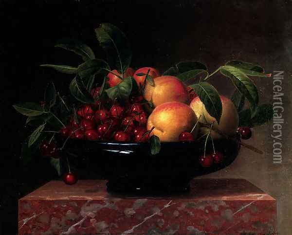 Peaches And Cherries In A Bowl On A Marble Ledge Oil Painting - William Hammer
