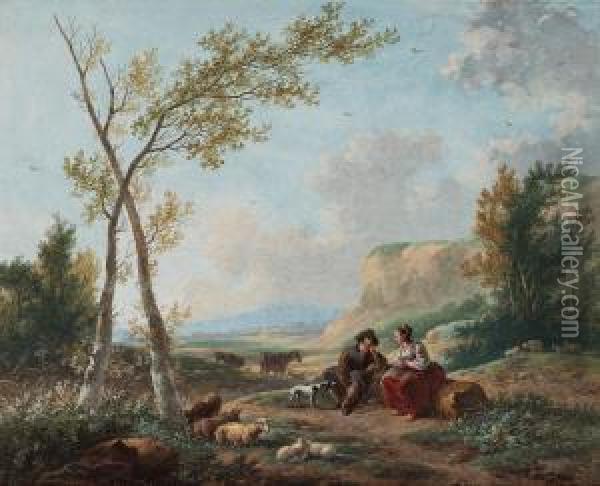 Pastoral Landscape With Shepherd Andshepherdess Oil Painting - Dirk Jan Van Der Laan