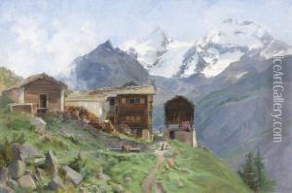 Walliser Dorfpartie Mit Alpenpanorama Oil Painting - Marie Rolle