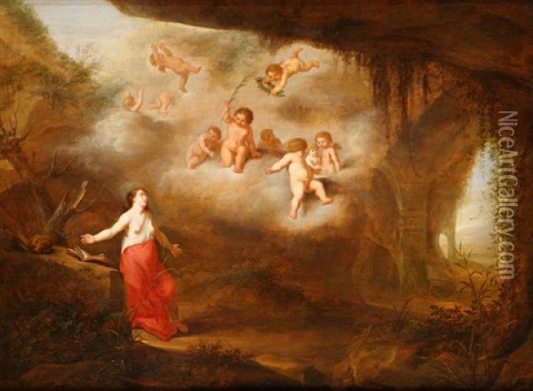 Marie Madeleine Et Anges Dans Une Grotte Oil Painting - Abraham van Cuylenborch