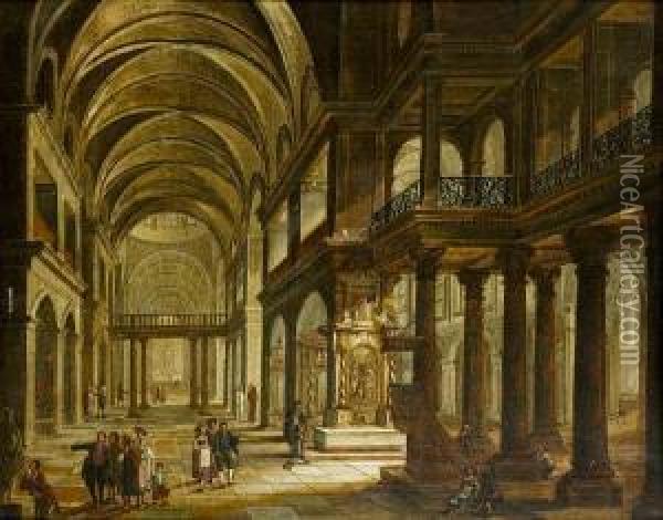 A Church Interior With Figures Praying Oil Painting - Christian Stocklin