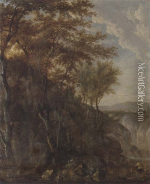 A Wooded Italianate Landscape With Peasants Oil Painting - Jan Hackaert