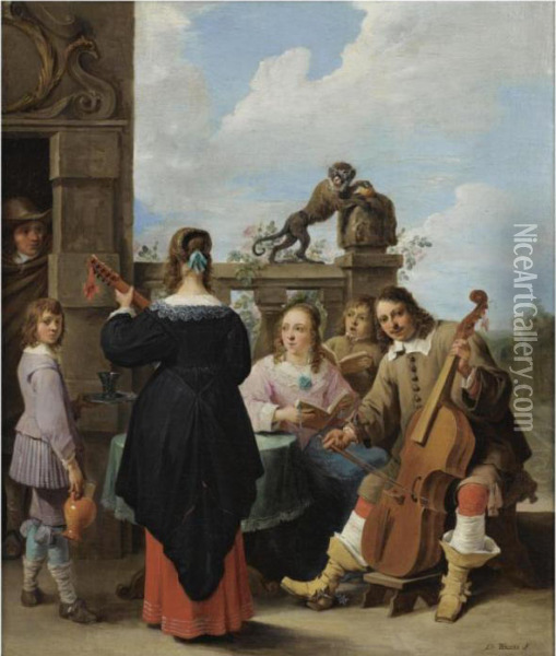 A Family Concert On The Terrace 
Of A Country House: A Selfportrait Of The Artist With His Family Oil Painting - David The Younger Teniers