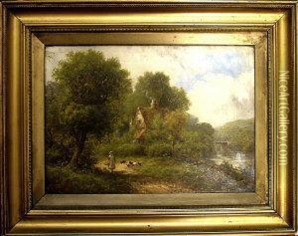 Cottage In A River Landscape Oil Painting - Robert Robin Fenson
