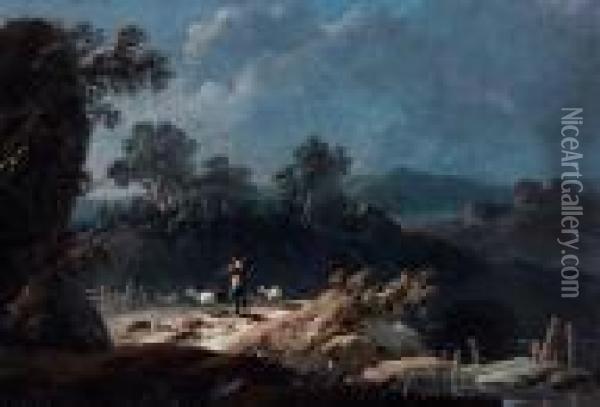 Paysage Aux Rochers Et A La Riviere Avec Patre Au Repos Oil Painting - Jean-Baptiste Pillement