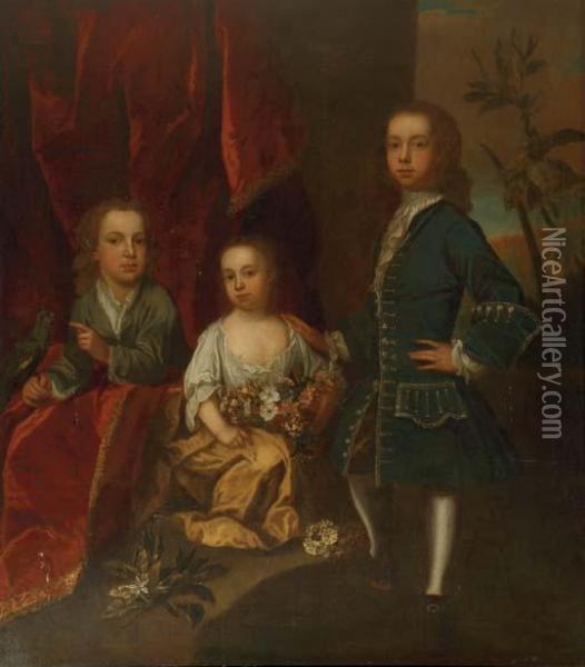 A Portrait Of Three Elegant Children Oil Painting - George Knapton