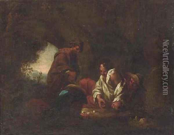 Peasants playing dice in a cave; and Peasants drinking in an interior Oil Painting - North-Italian School
