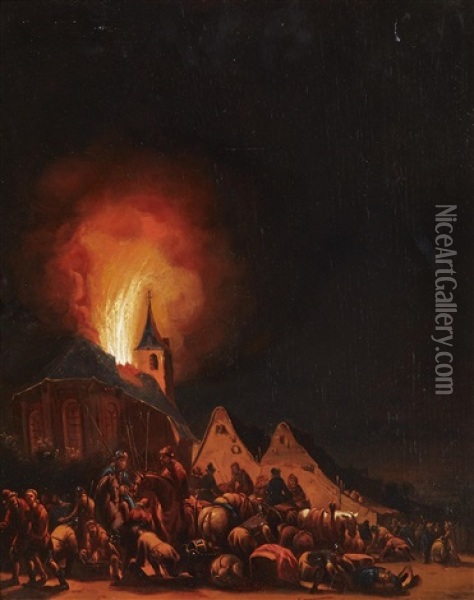 Nocturnal Scene With A Burning Church Oil Painting - Adriaen Lievensz van der Poel