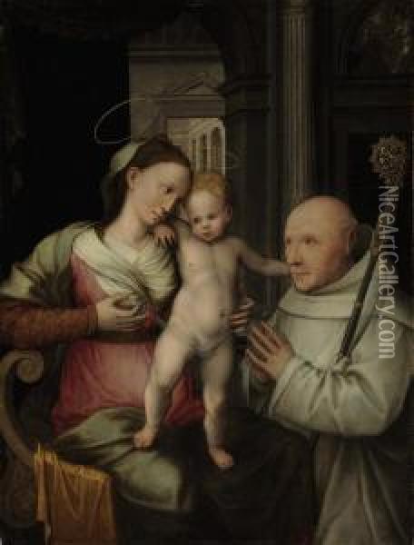 The Virgin And Child With A Cistercian Monk Oil Painting - Vincent Sellaer