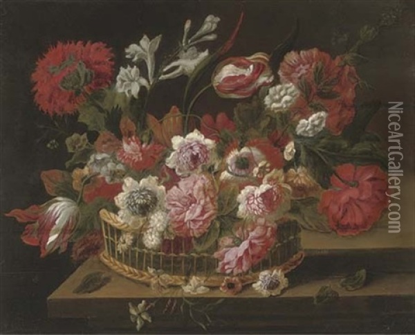 Parrot Tulips, Freesias, Narcissi, Roses, Chrysanthemums And Other Flowers In A Basket On A Ledge Oil Painting - Pieter Hardime