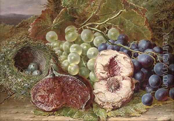 Grapes, a fig, peach and bird's nest on a mossy bank Oil Painting - William Ward