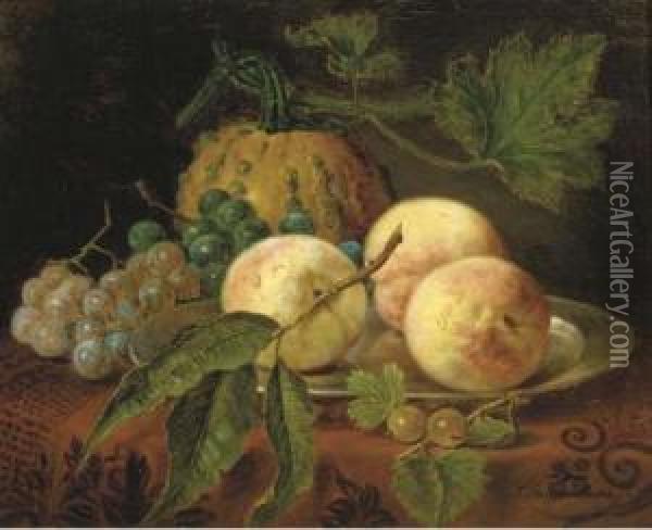 Peaches, Grapes And A Pumpkin On A Table Oil Painting - Sebastiaan Theodorus Voorn Boers