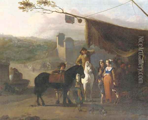 Travellers on horseback taking refreshments at an encampment near a fortified town, a water-basin with horses drinking nearby Oil Painting - Jan van Huchtenburg
