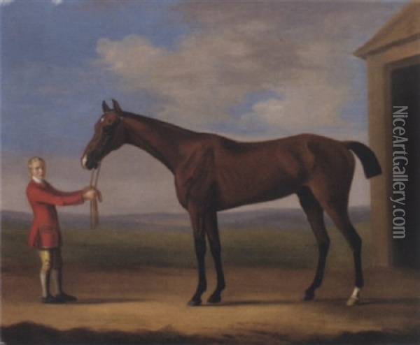 Sir Patrick Blake's Sir Anthony Held By A Groom By A Stable In A Landscape Oil Painting - Francis Sartorius the Elder