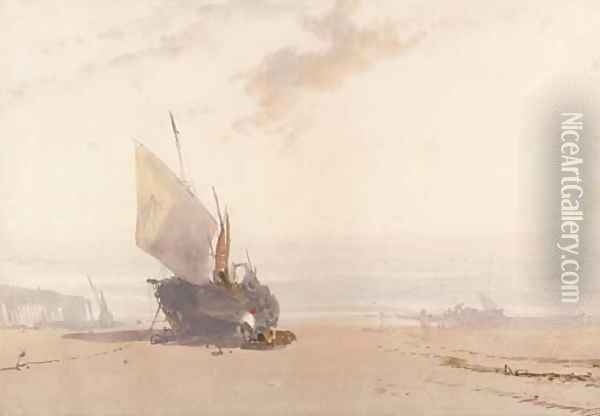 A beached fishing vessel at low tide Oil Painting - William Roxby Beverly