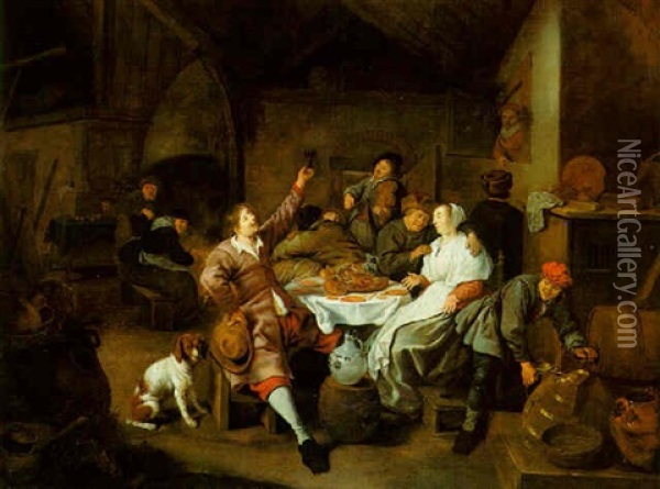 A Peasant Interior With Figures Around A Table, A Fiddler And A Boy Filling A Tankard Oil Painting - Jan Miense Molenaer