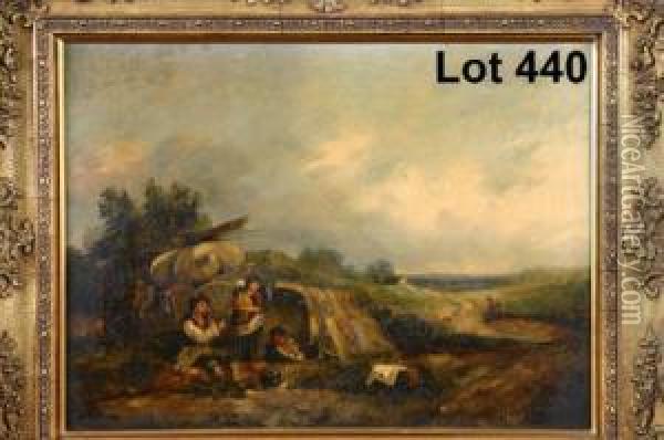 Study Of A Gypsy Encampment 
Onmoorland Setting With Family, Children And Dogs, Cottage In The 
Farground Oil Painting - Joseph Horlor