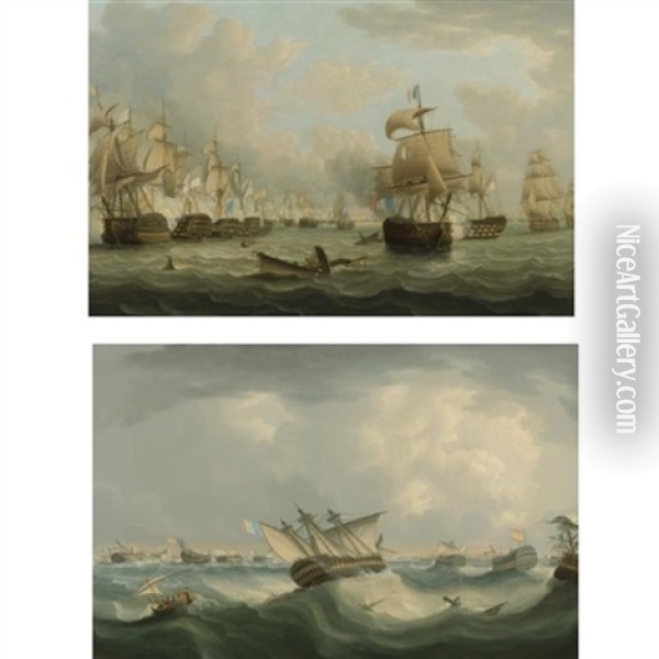 Trafalgar Morning: English Men-of-war Attacking The Line (+ Trafalgar Evening: The French And Spanish Fleet Returning To Cadiz Harbour; Pair) Oil Painting - Thomas Buttersworth