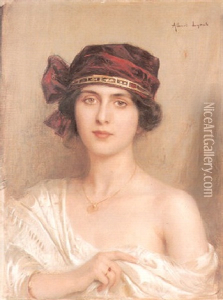 Portrait Of A Young Woman In A Red Oil Painting - Albert Lynch