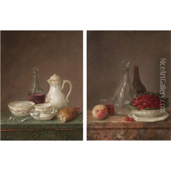 A Still Life With A Carafe Of Wine, A Teapot, A Bowl Of Sugar And A Piece Of Bread On A Marble Ledge (+ Another; Pair) Oil Painting - Claude Joseph Fraichot
