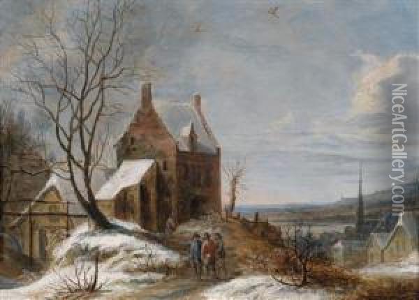 A Winter Landscape With The City Of Brussels In The Background Oil Painting - Daniel van Heil