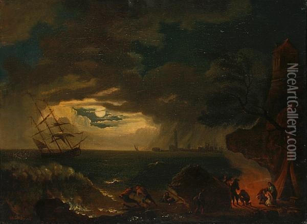 A Rocky Coastal Scene With Survivors Of Ashipwreck Taking Refuge Onshore Oil Painting - Claude-joseph Vernet