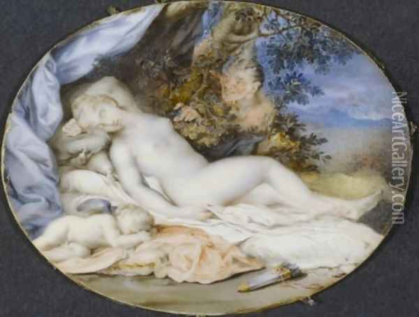 Venus and Cupid asleep spied upon by a satyr Oil Painting - Jacques Charlier