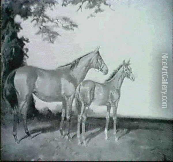 Scotch Gift With Her Grey Colt Foal, The Satrap, In A       Landscape Oil Painting - James Lynwood Palmer