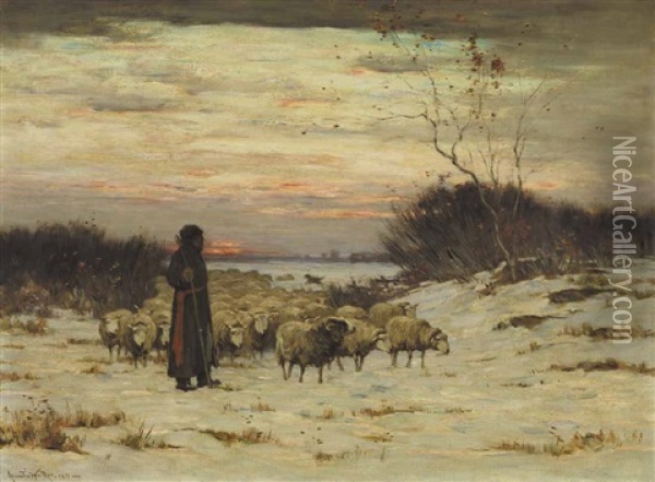 Sunset Over A Snowbound Pasture Oil Painting - Horatio Walker