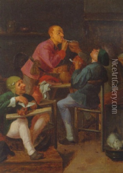 Peasants Smoking In An Interior Oil Painting - Adriaen Brouwer