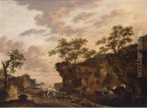 A Southern Landscape With A Wooden Bridge And Travellers By A Bluff With Their Horses And Dogs Oil Painting - Herman Naiwincx