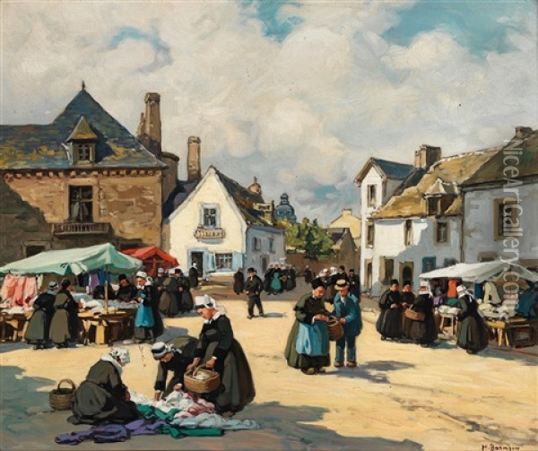 Linen Market In Brittany Oil Painting - Henri Alphonse Barnoin