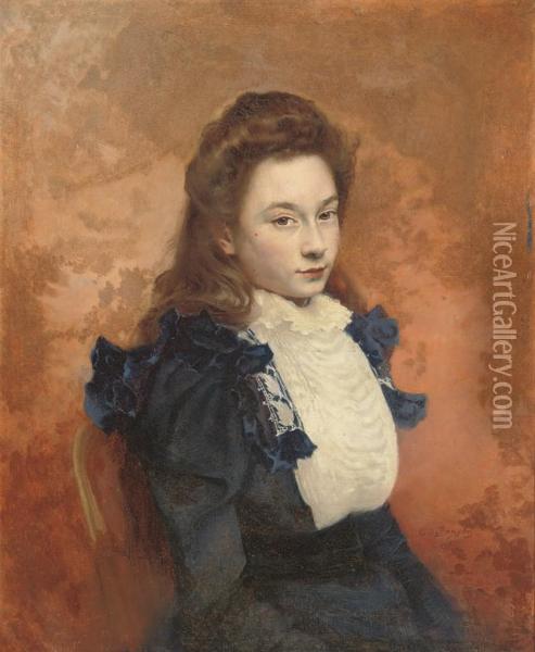 Portrait Of A Girl, Half-length, Seated In A Blue Dress Oil Painting - Edouard De Bergevin
