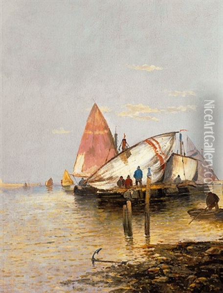 Hafen Mit Fischersegelbooten Oil Painting - Georg Fischhof