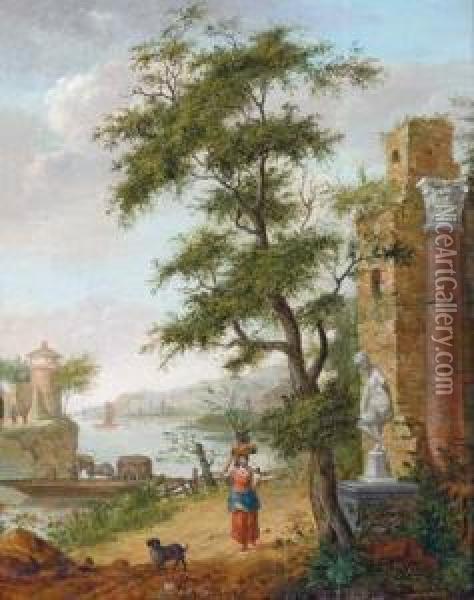 Paesaggio Fluviale Romantico Con Rovine Oil Painting - Isaac de Moucheron