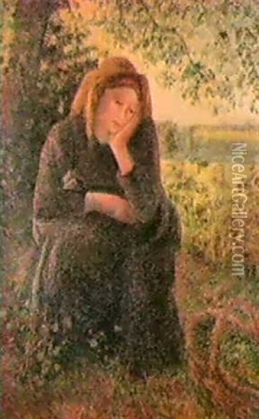 Paysanne Assise, Soleil Couchant Oil Painting - Camille Pissarro
