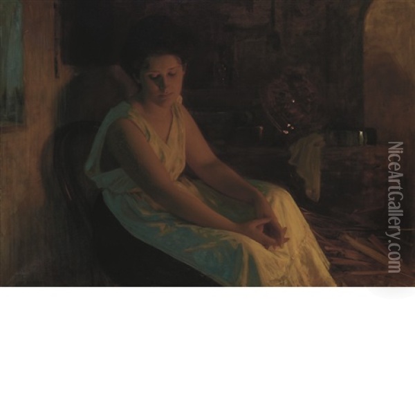 Woman By Firelight Oil Painting - Albert Ritzberger