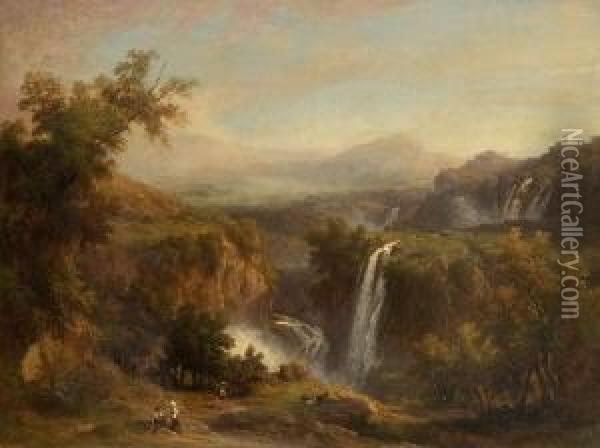 Italienische Berglandschaft Mit
 Wasserfallen Oil Painting - Franz Knebel