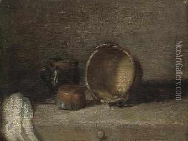 Still Life With A Copper Pot, A Pitcher And A Terracotta Bowl On A Wooden Table Oil Painting - Jean-Baptiste-Simeon Chardin