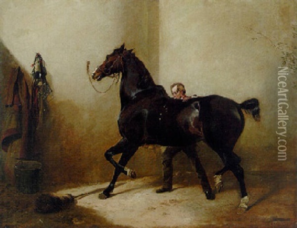 A Groom Rubbing Down A Horse In A Stable Oil Painting - Richard Ansdell
