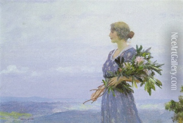 Woman With An Armful Of Flowers Oil Painting - Charles Courtney Curran