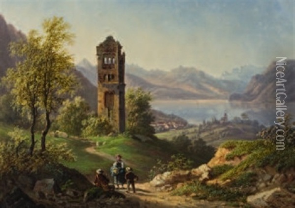 Goldswil Am Brienzersee Mit Blick Auf Die Ruine Schadburg Oil Painting - Jacob Alt