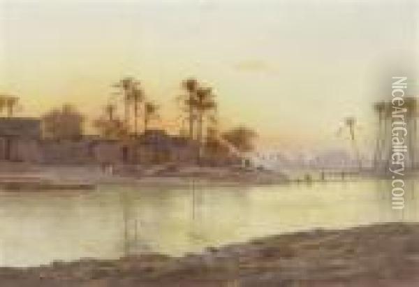 River Landscape At Sunset Oil Painting - Otto Pilny