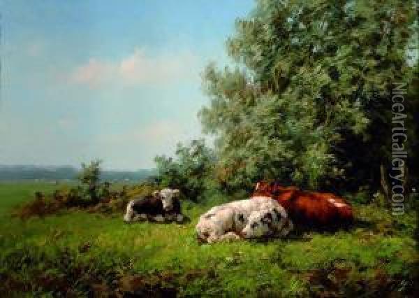 Resting Cows In A Sunny Meadow Oil Painting - Gezina Johanna Francina (gesine) Vester
