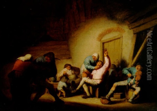 A Couple Dancing, With Other Boors Merry-making, In A Barn Oil Painting - Adriaen Jansz van Ostade